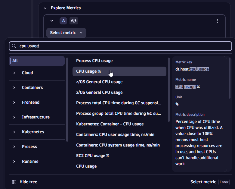 Explore metrics example: search for metric
