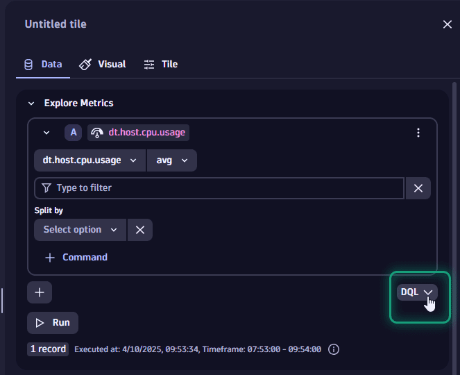 Example: show DQL in an Explore metrics tile