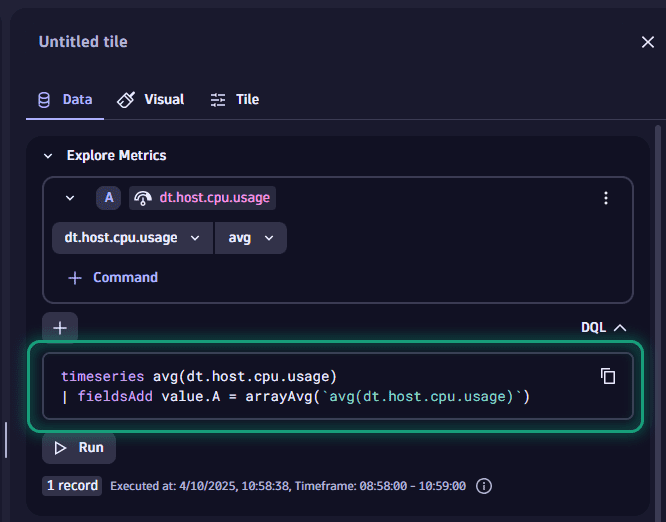 Example: show DQL in an Explore metrics tile: expanded