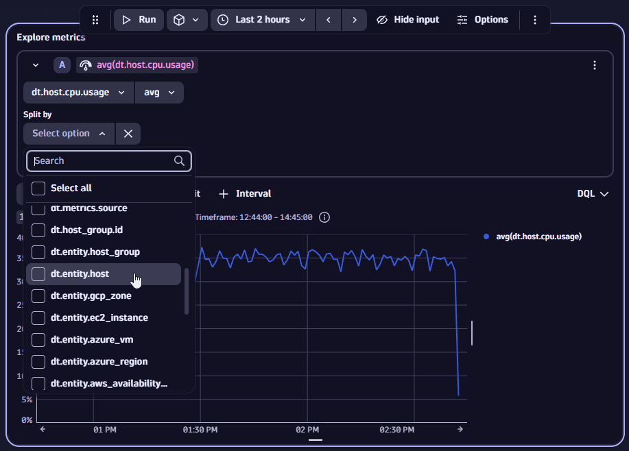 Explore metrics example: select Split by