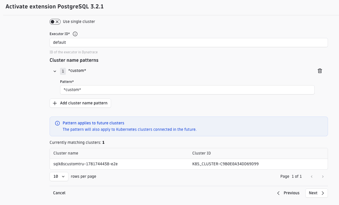 Cluster name pattern configuration showing pattern custom matching one cluster