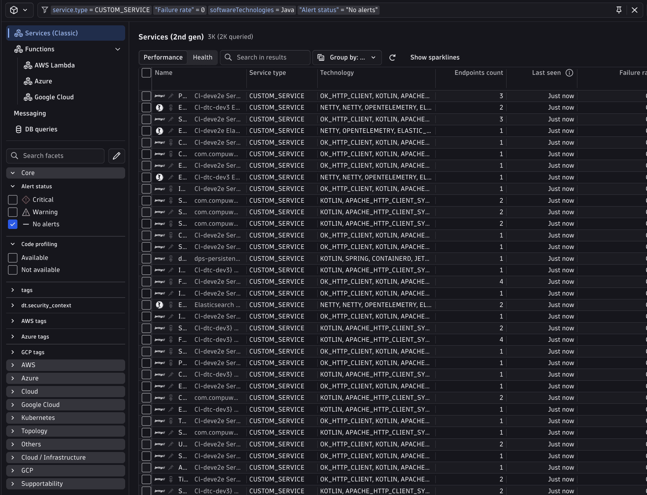 Filter bar with text and facet filters applied to a DQL table in an Entity Details page