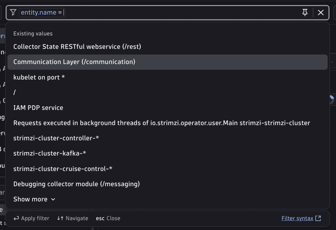 Filter input showing DQL-driven autocomplete suggestions for a text filter