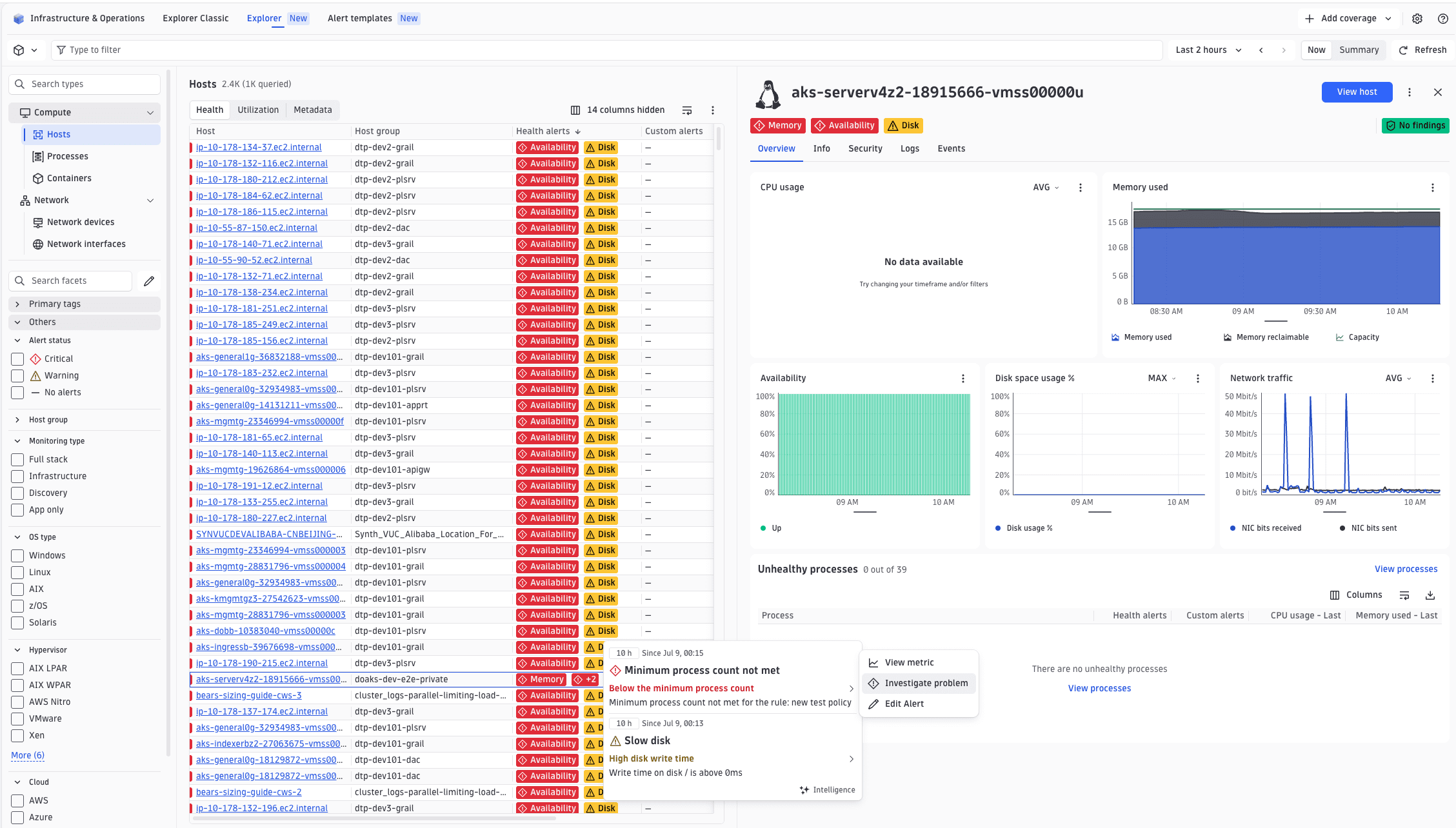 Health alert chips in the Entity Details header grouping Davis events by alert category