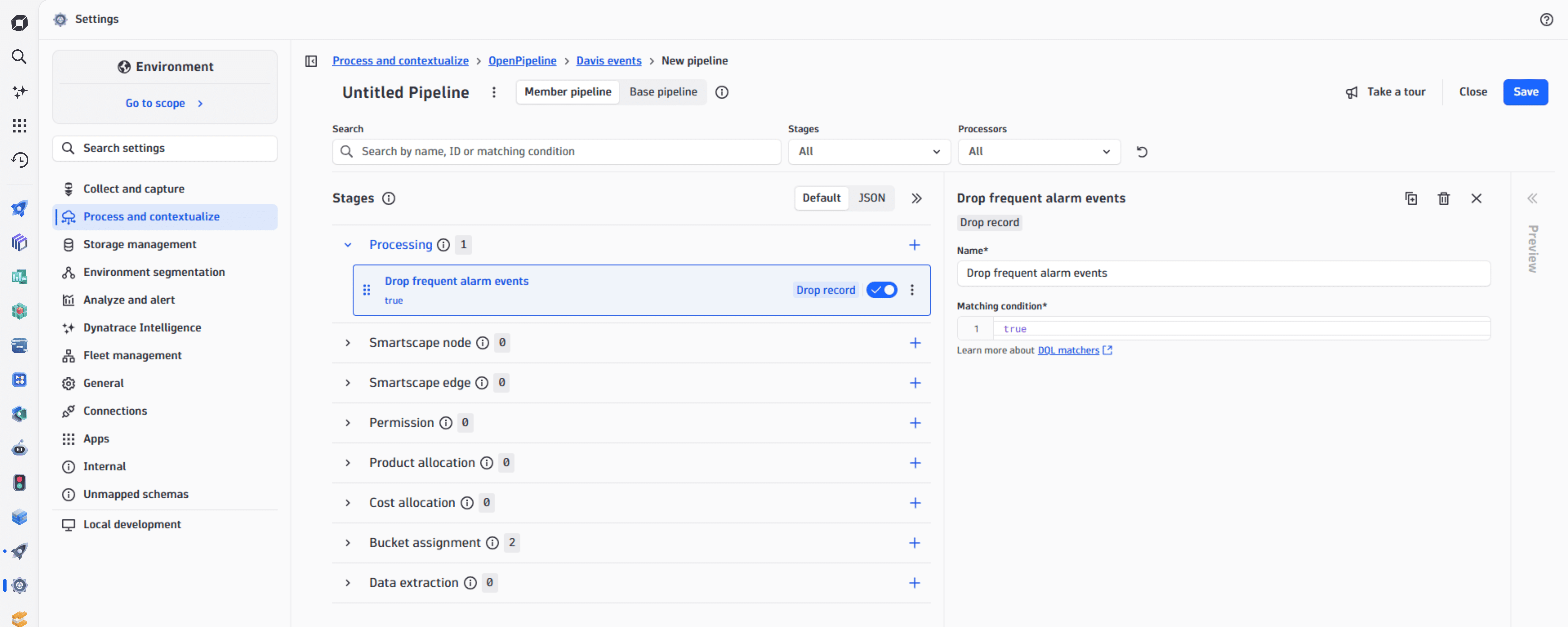 OpenPipeline Davis events pipeline with a "Drop frequent alarm events" Drop record processor configured.