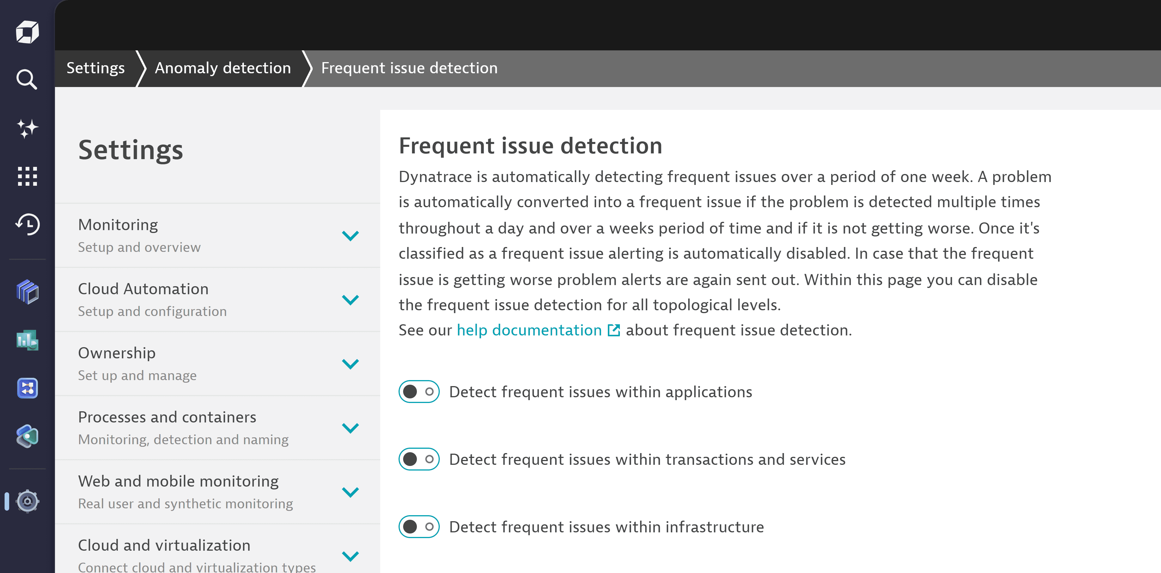 Settings for frequent issue detection in Dynatrace Classic