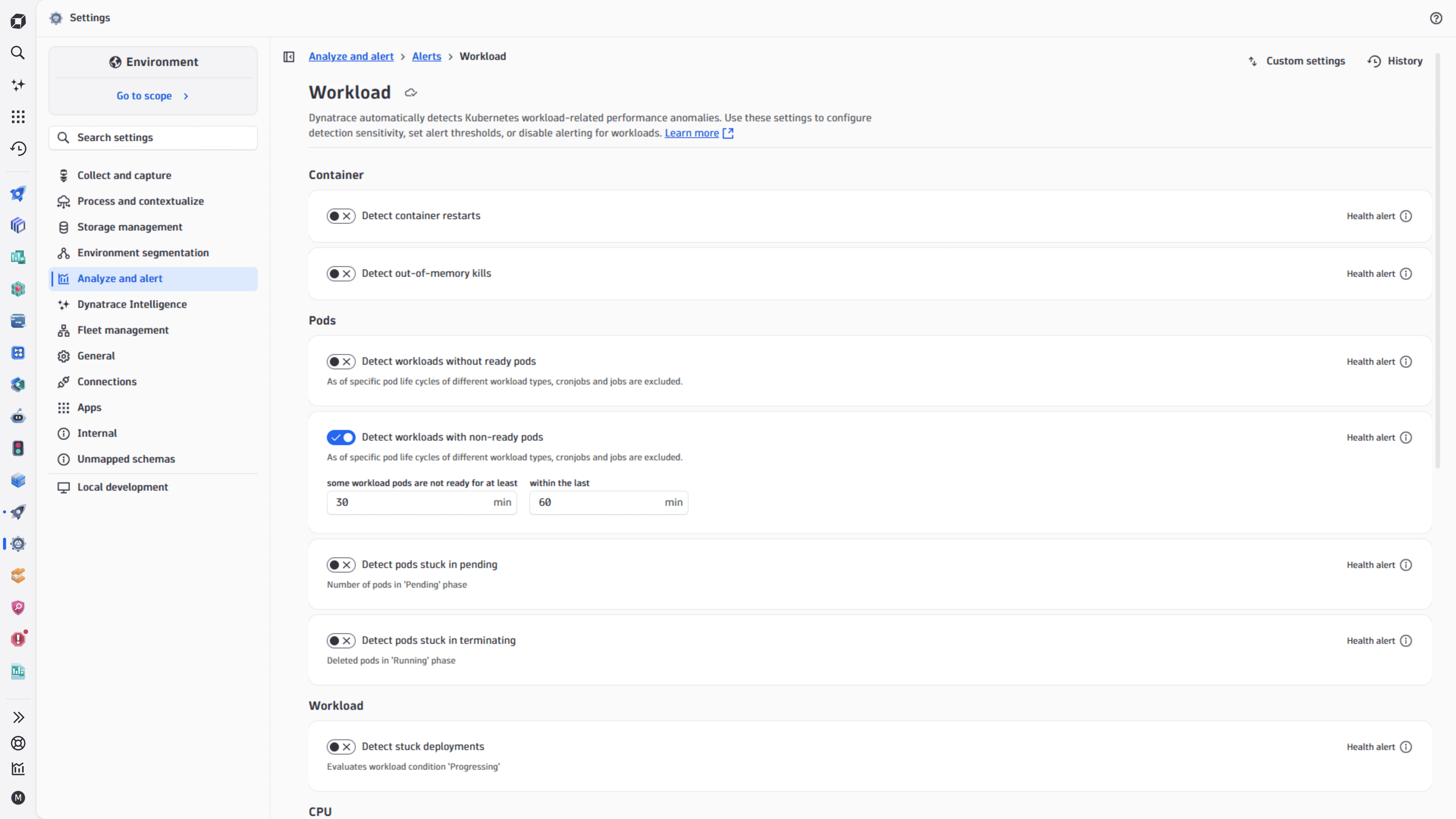Anomaly detector sensitivity settings (Settings > Analyze and alert > Alerts > Workload), showing threshold configuration for a Kubernetes workload.
