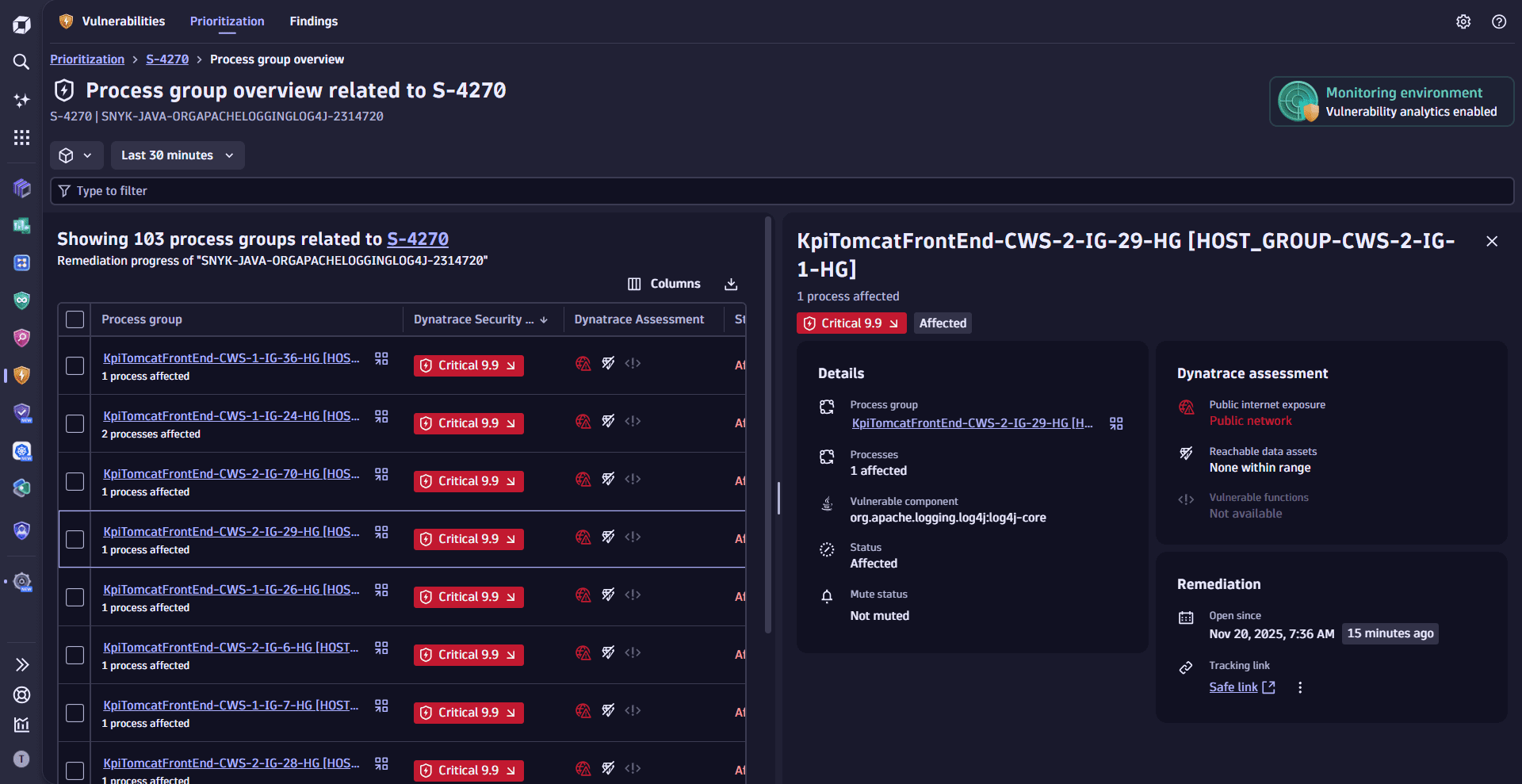 Details of an affected process group