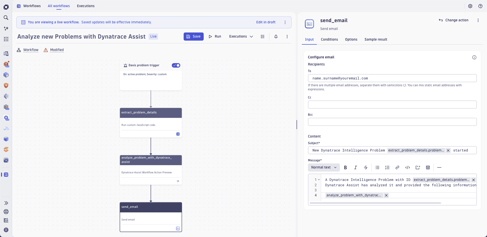 An example of configuring an email to send Dynatrace Intelligence generative AI results.