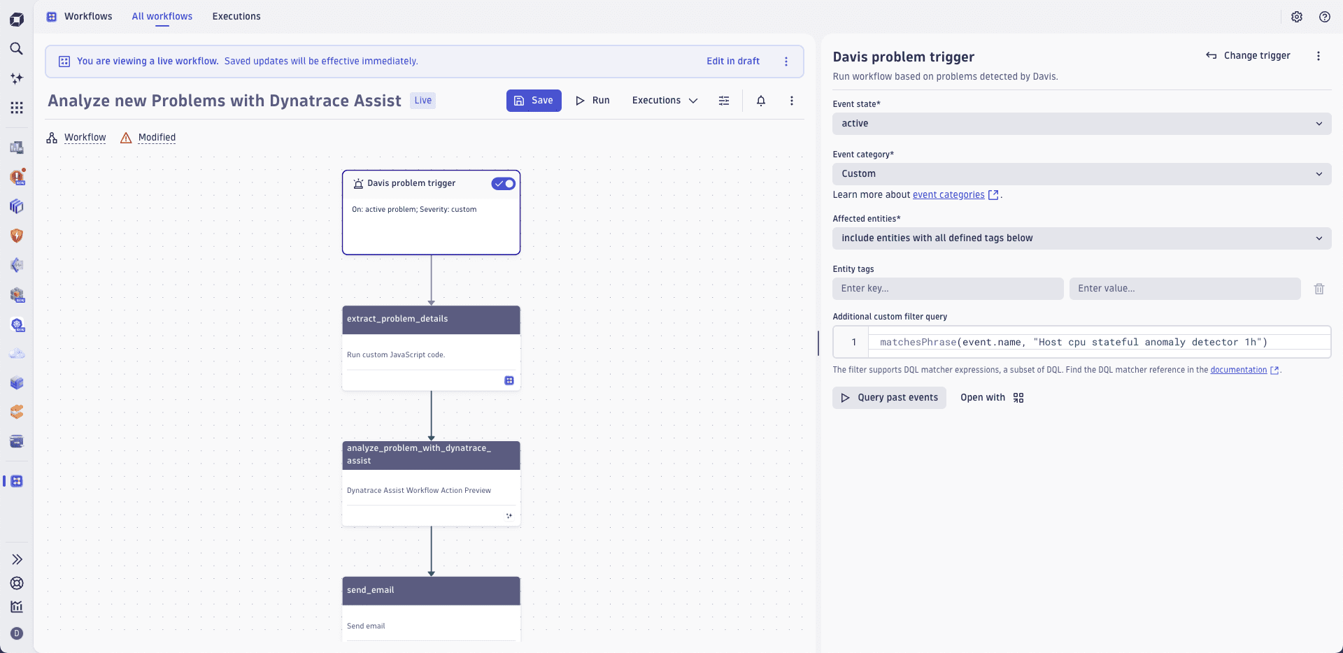 An example of setting a Davis Problem trigger for new problems.