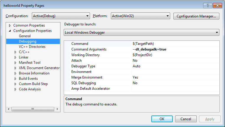 helloworld.exe project properties