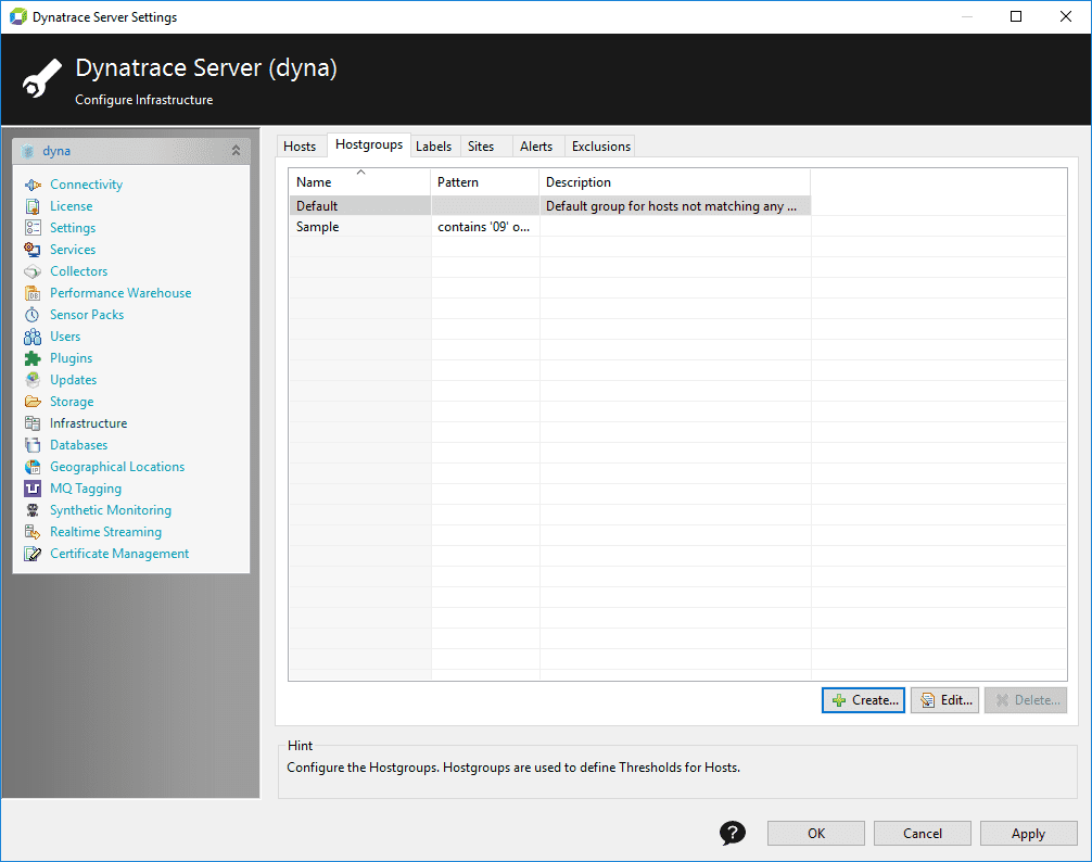 Infrastructure - Hostgroups tab