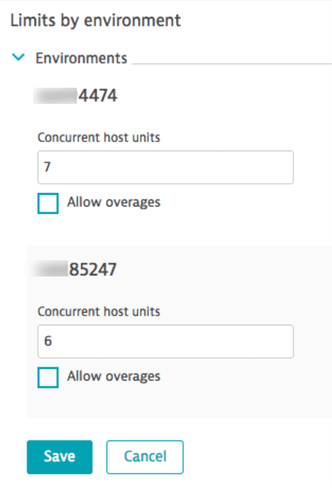 Host quota limits by environment with overages
