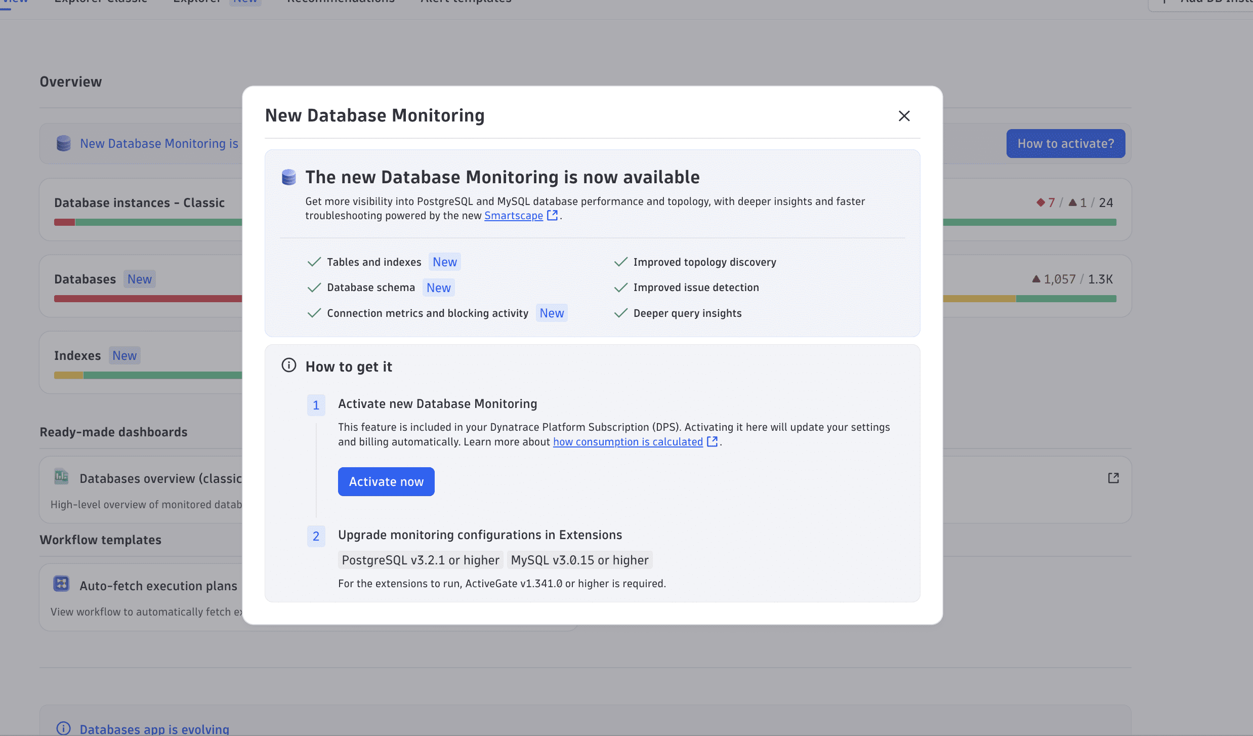 The New Database Monitoring dialog with the capability list and How to get it steps