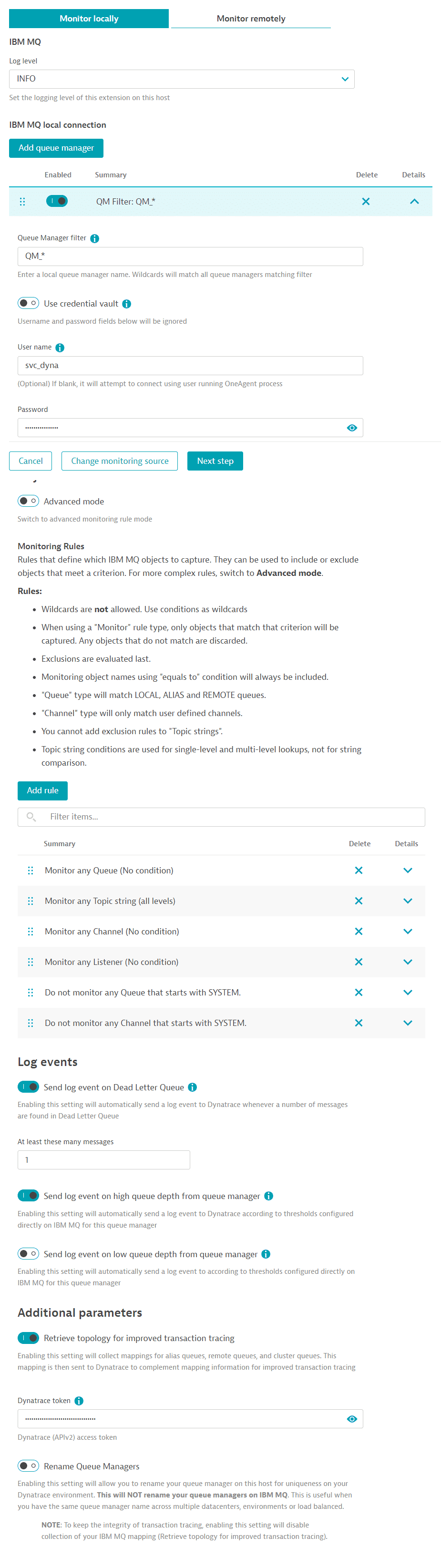 Screenshot of IBM MQ Local monitoring configuration.