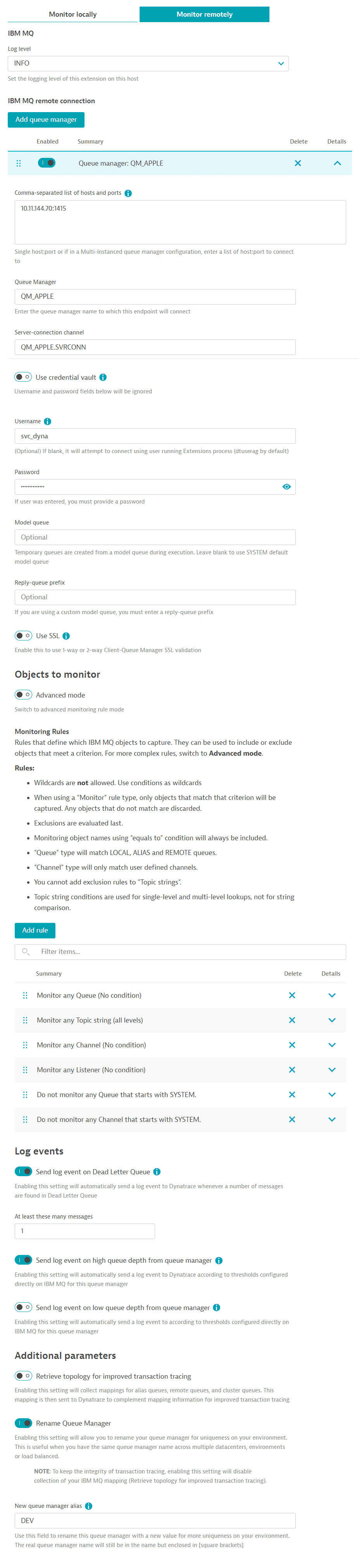 Screenshot of IBM MQ Remote monitoring configuration.