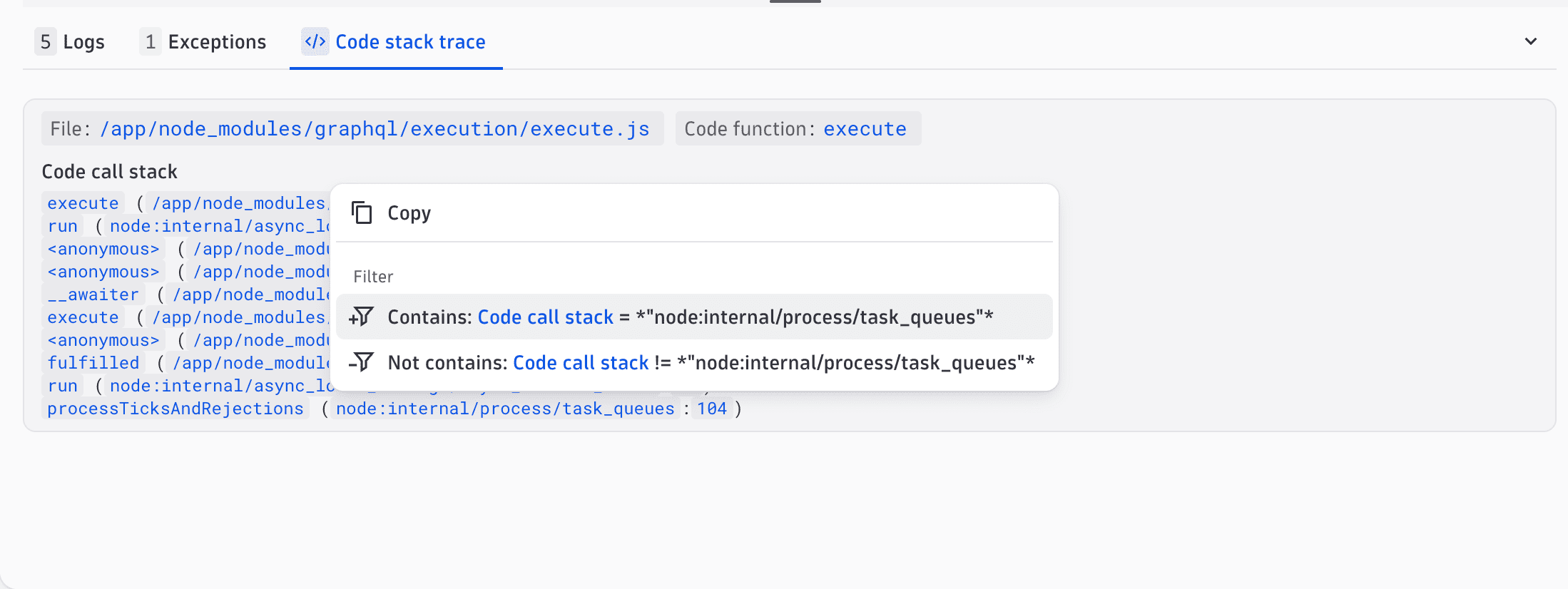 Code stack trace with filters