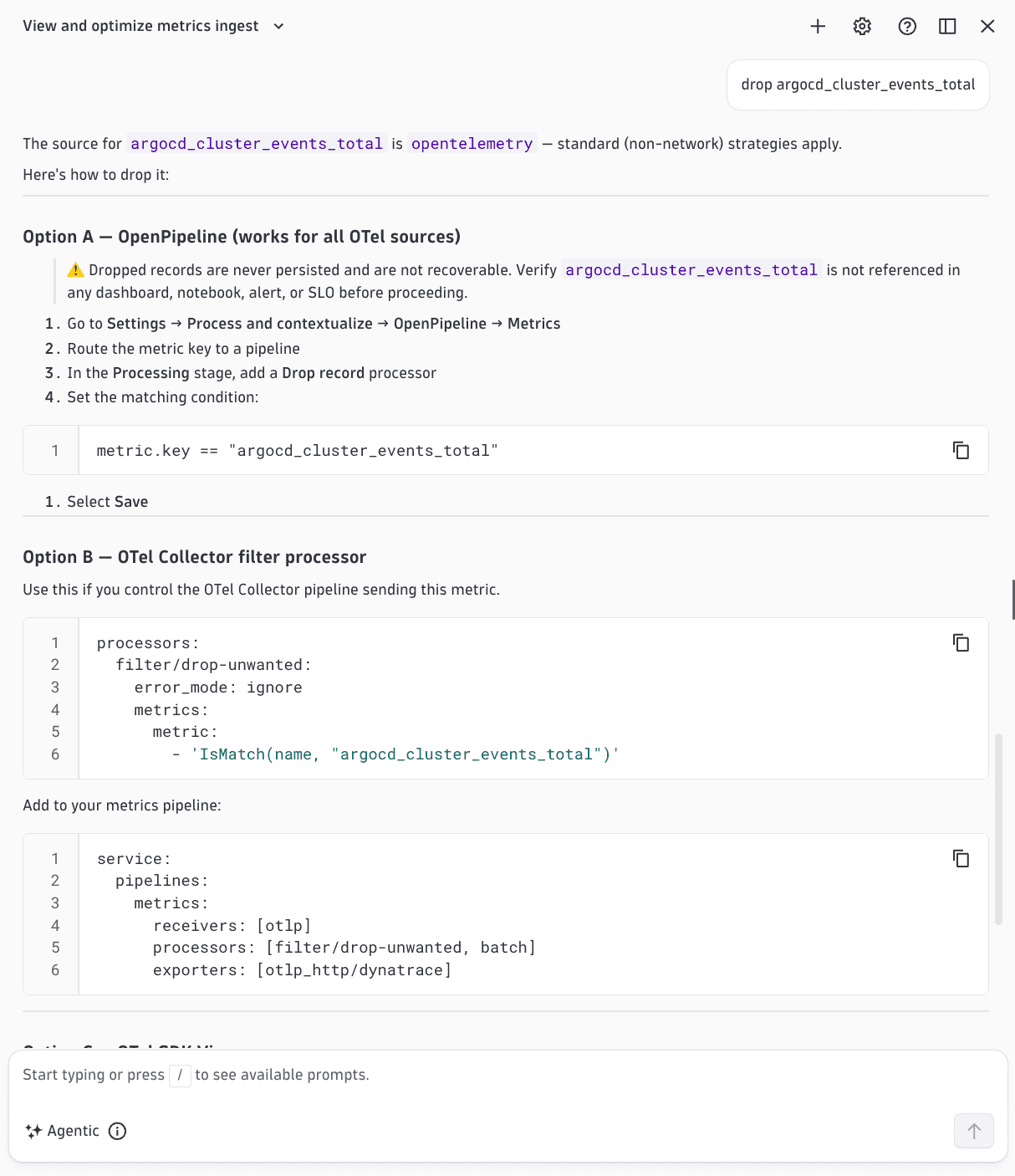 View and optimize metrics costs for metrics from OpenPipeline or an OTel Collector
