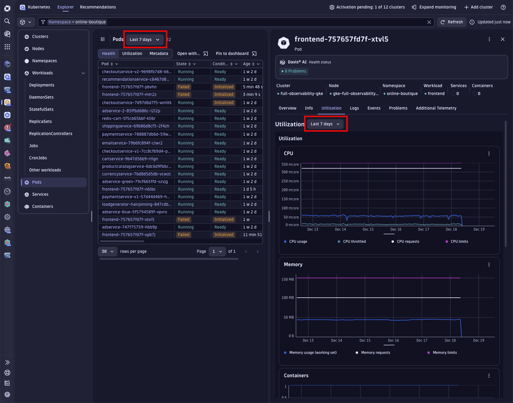 Kubernetes timeframe selector