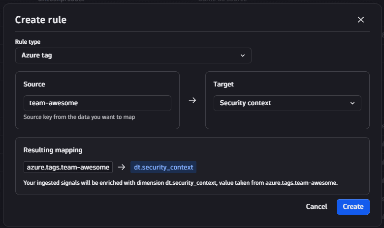 Create rule dialog for an Azure tag rule in the Ingest enrichment configuration settings.