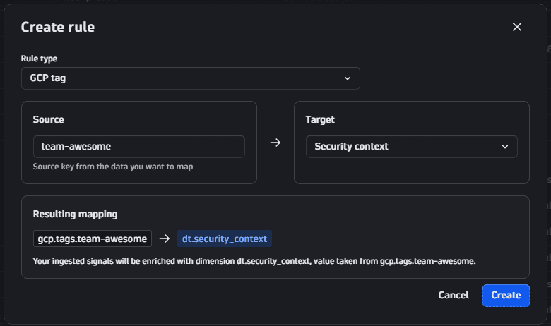 Create rule dialog for a GCP tag rule in the Ingest enrichment configuration settings.
