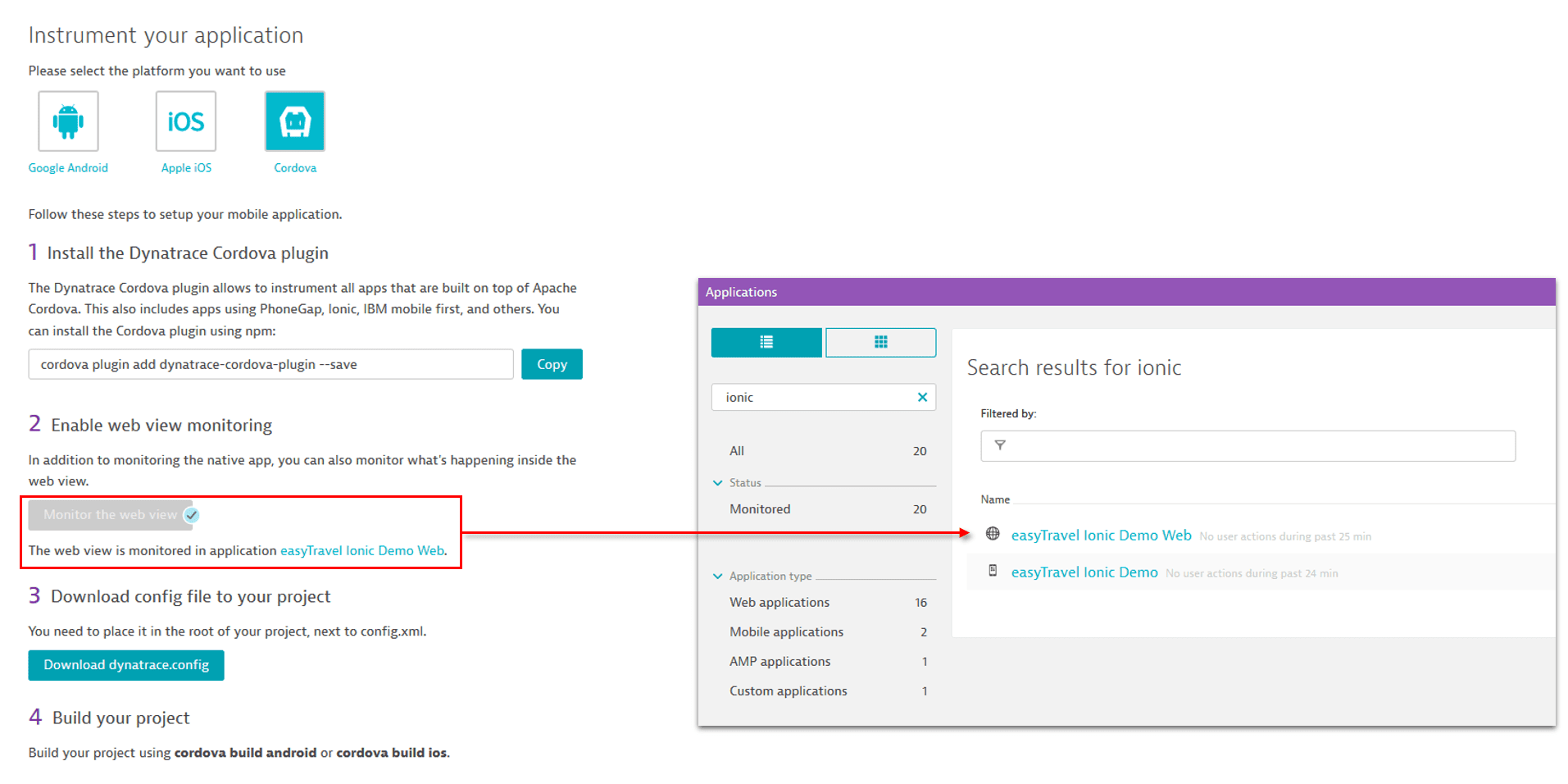 Cordova app instrumentation