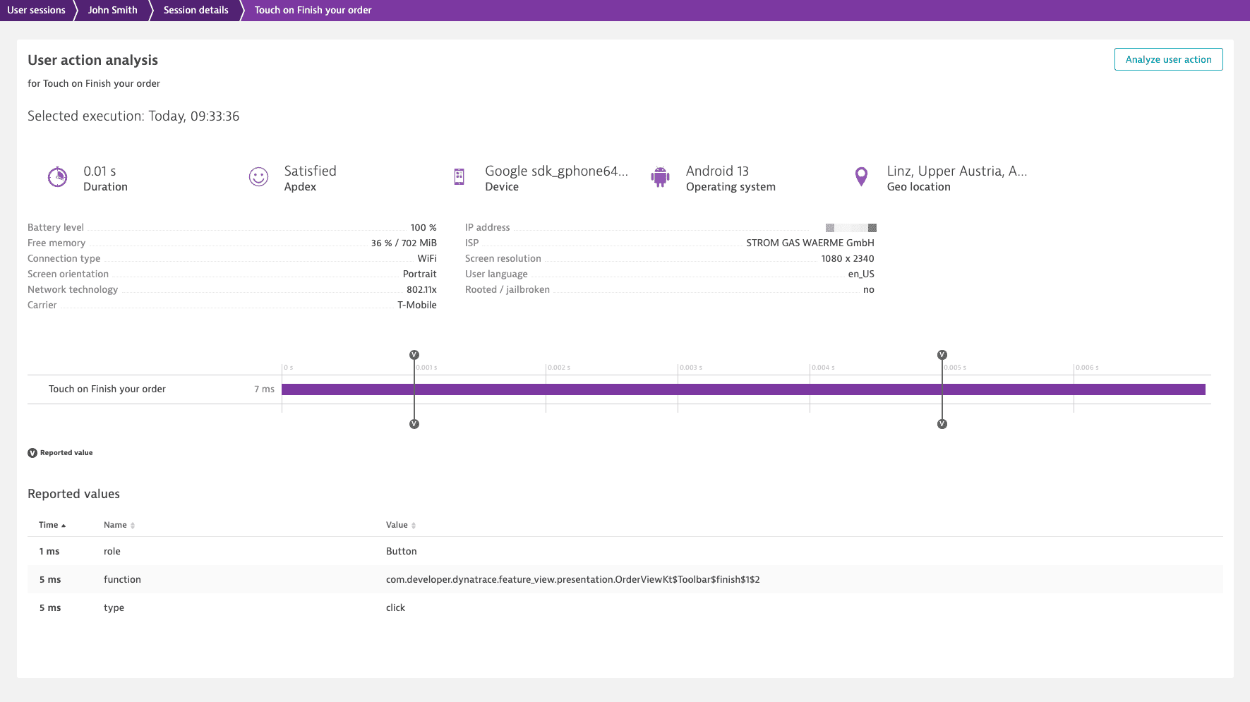 Example of captured metadata for a Jetpack Compose component in the Dynatrace web UI
