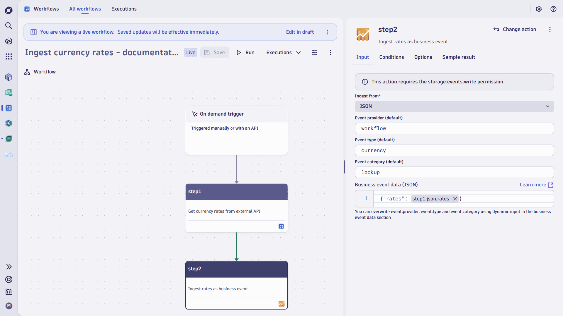 Workflow showing ingest business event step with JSON command