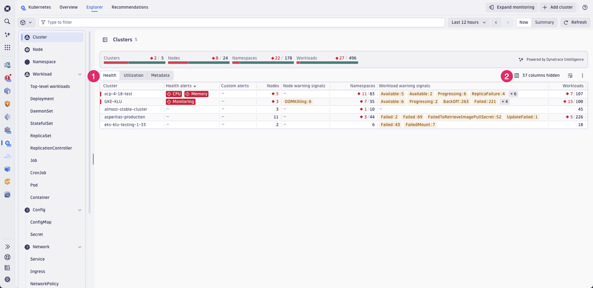 An example of the clusters page in the Kubernetes app.