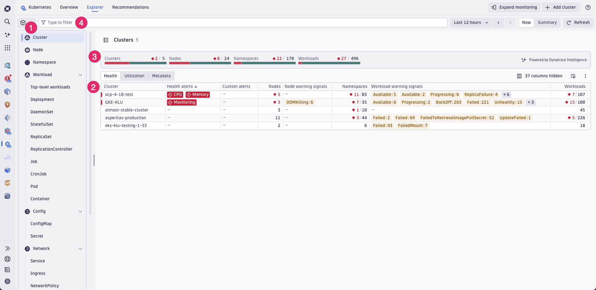 An overview of the Clusters page in the Kubernetes app.