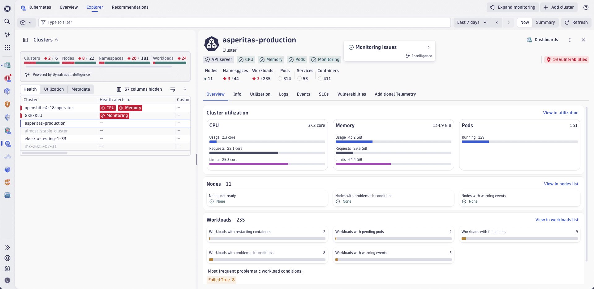 Example of Dynatrace Intelligence health status for a Kubernetes cluster.