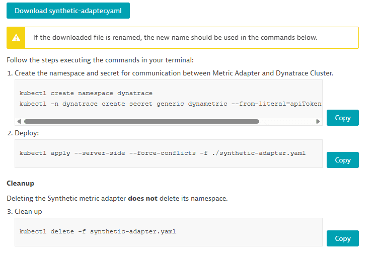 Commands to create the metric adapter namespace