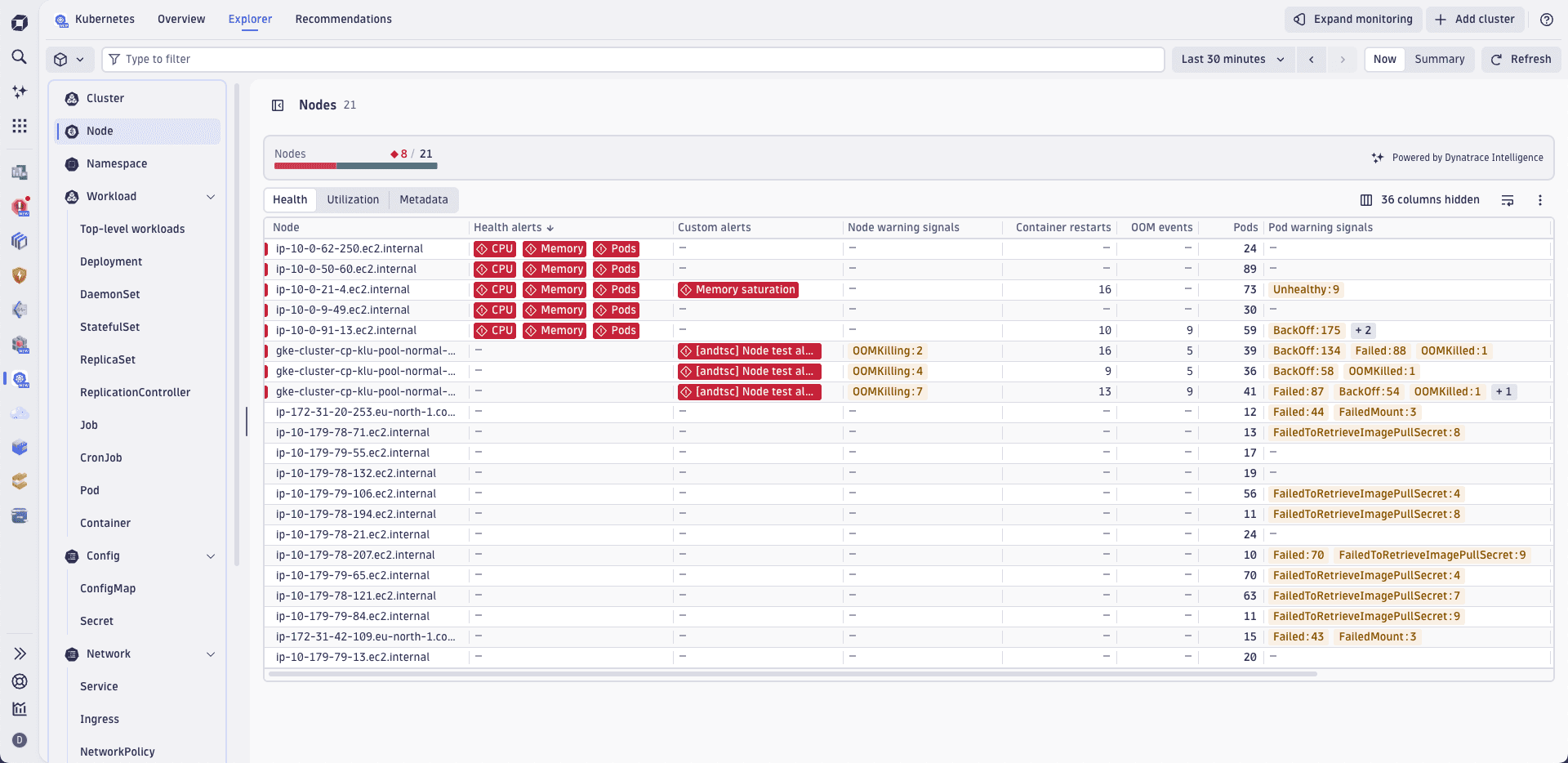 Dynatrace Intelligence warning signals for Nodes in the Kubernetes app.