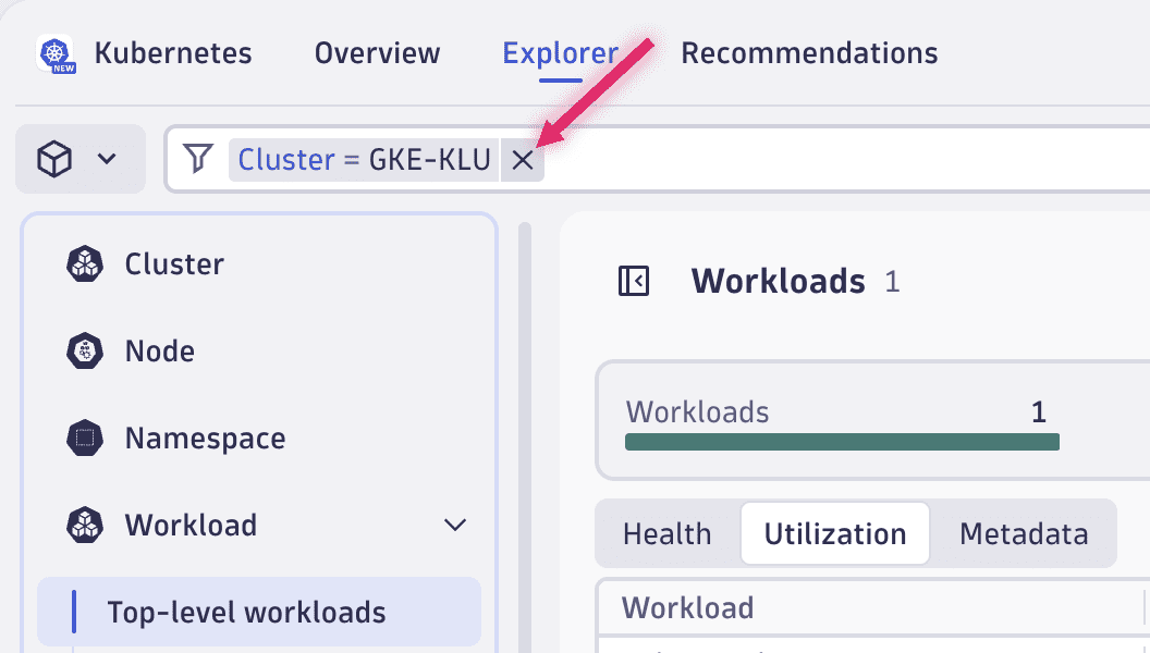 How to remove an applied filter in the Kubernetes app.