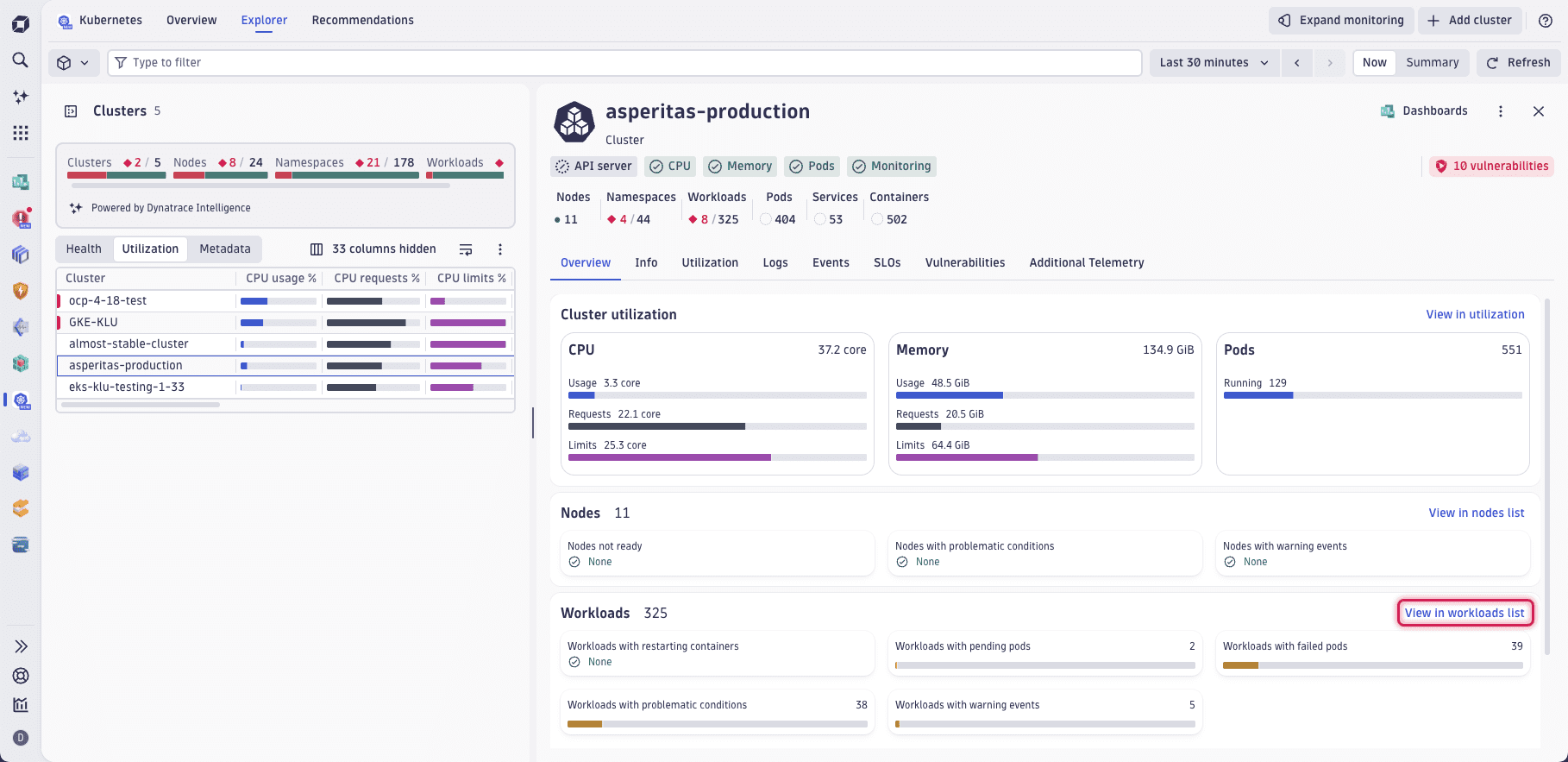 Selecting the workloads of a cluster in the Kubernetes app.