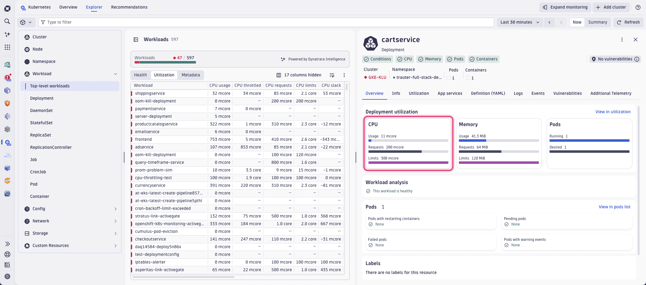 An example overview of a workload's CPU limits in the Kubernetes app.
