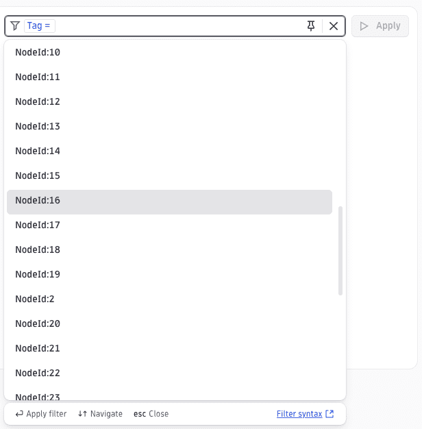 Key-value filter showing tag suggestions in key:value format
