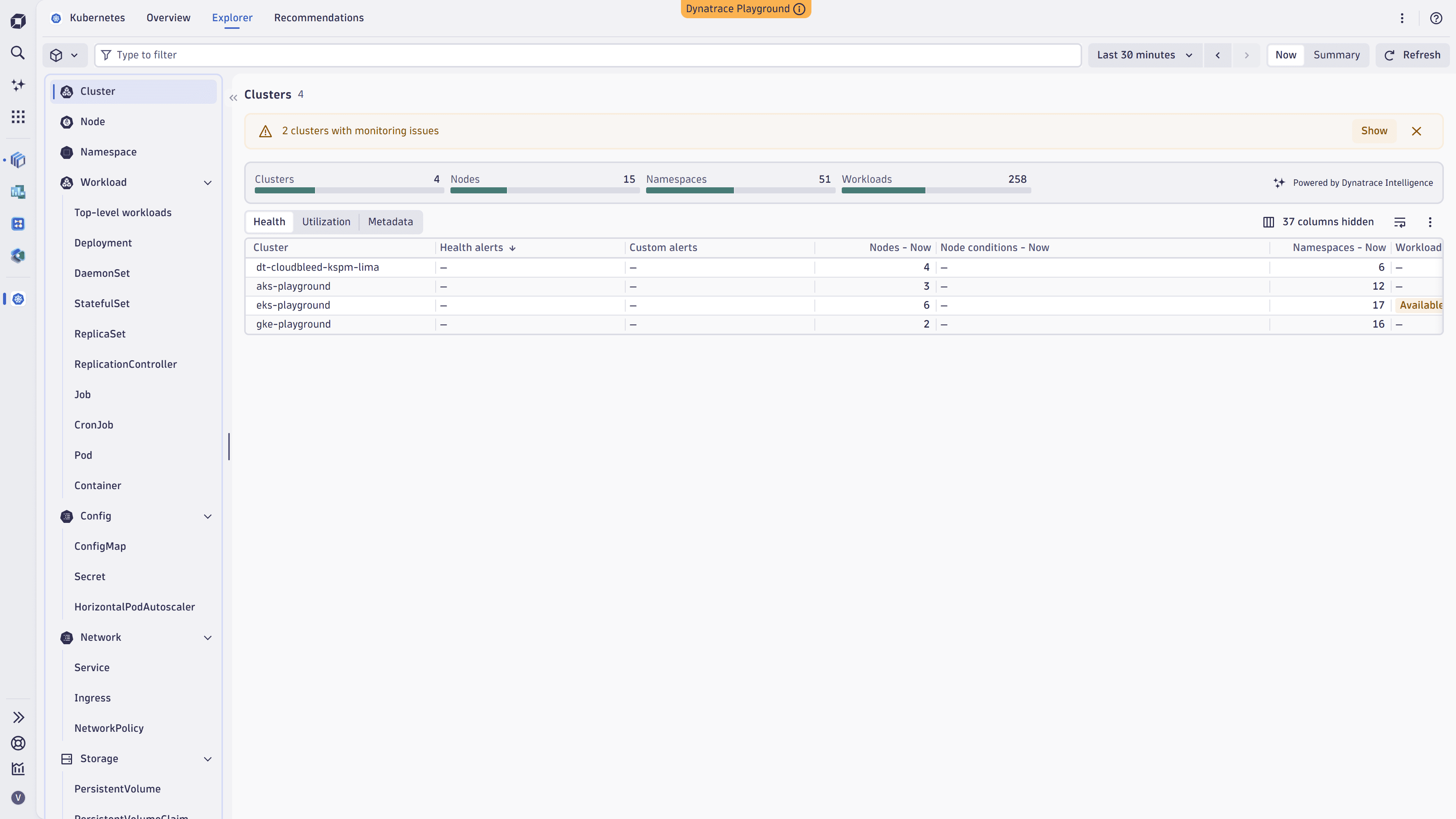 Explorer view layout in the Kubernetes app showing the sidebar, list, and filter bar.