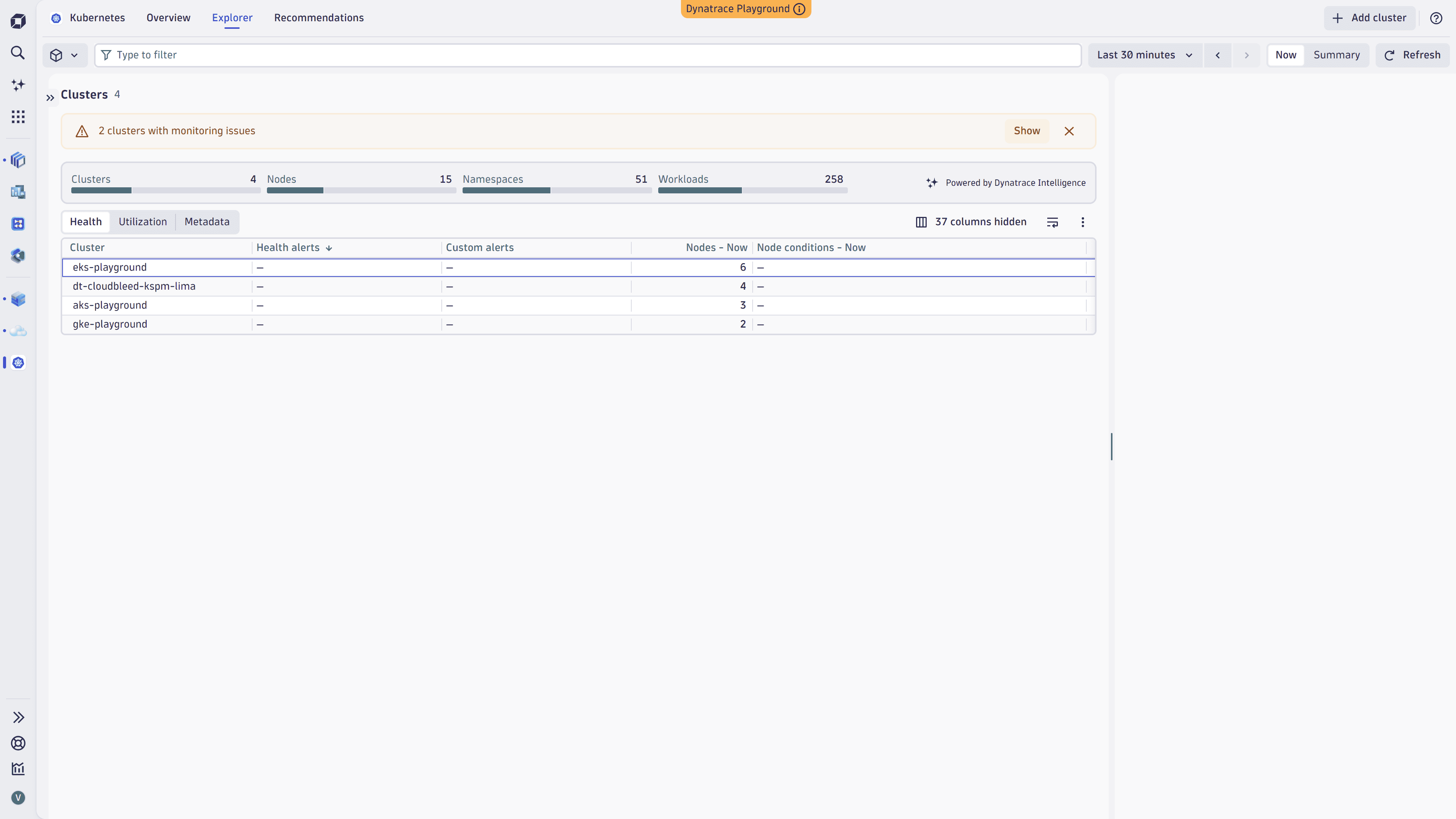 Aggregated Dynatrace Intelligence health status for a Kubernetes cluster.