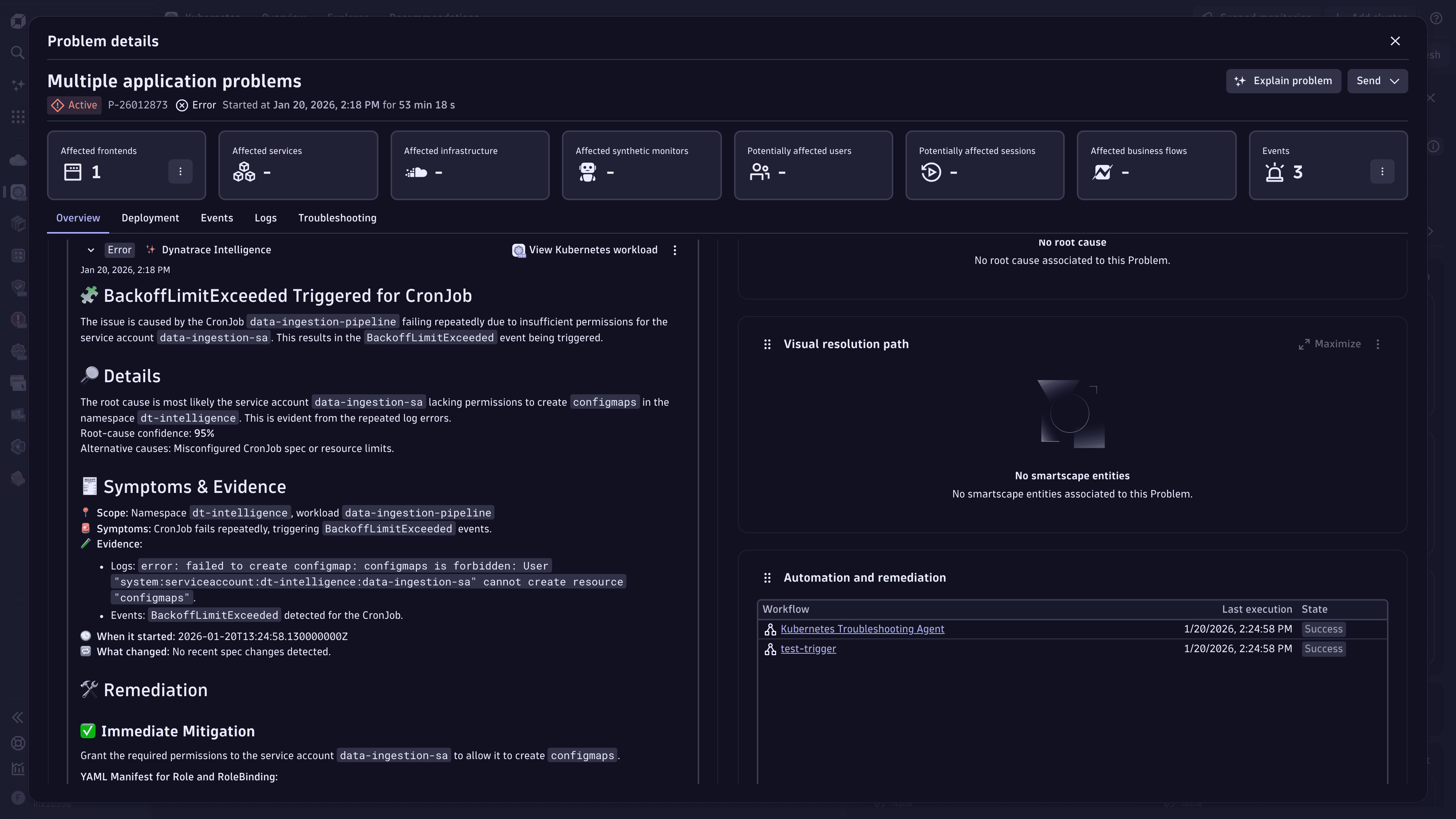 Options for the Kubernetes Troubleshooting Agent displayed in the Problem card.