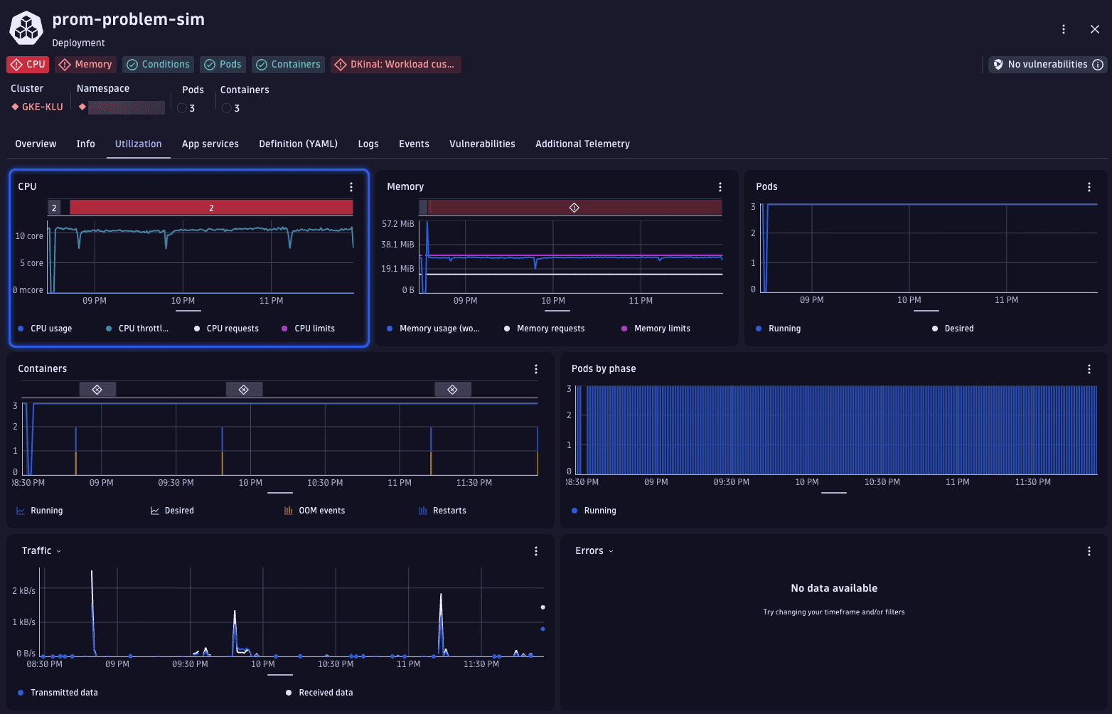 Kubernetes workload utilization tab