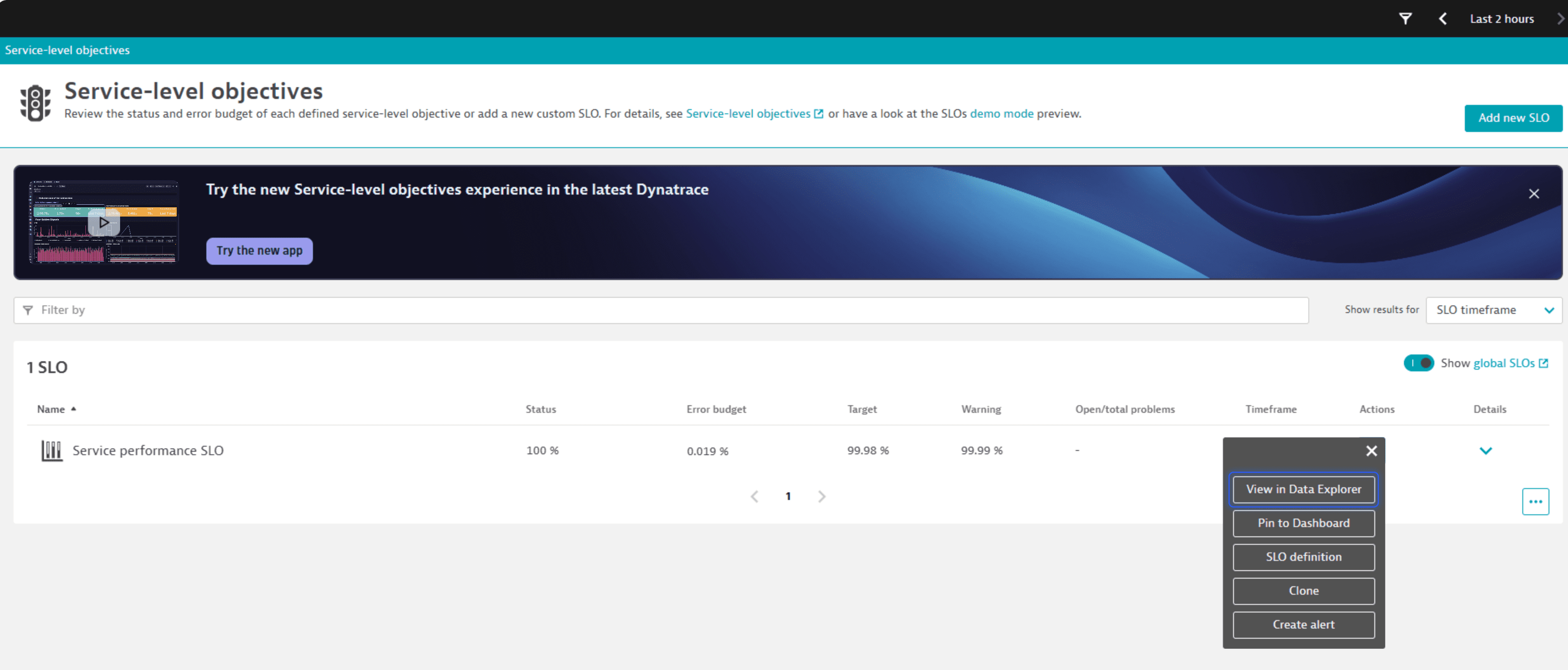	Data Explorer view after opening an SLO