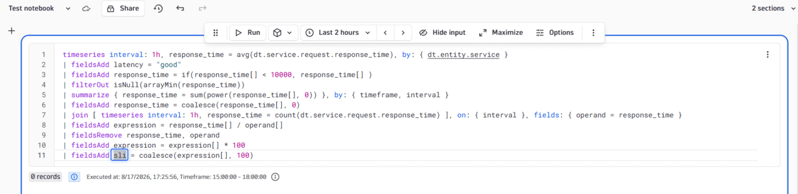 Notebook with the DQL query, highlighting where expression was changed to sli