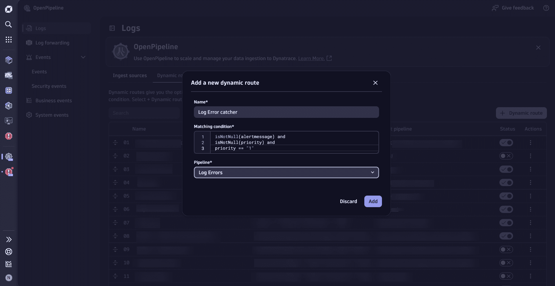 An example of creating a new route for Log Errors pipeline