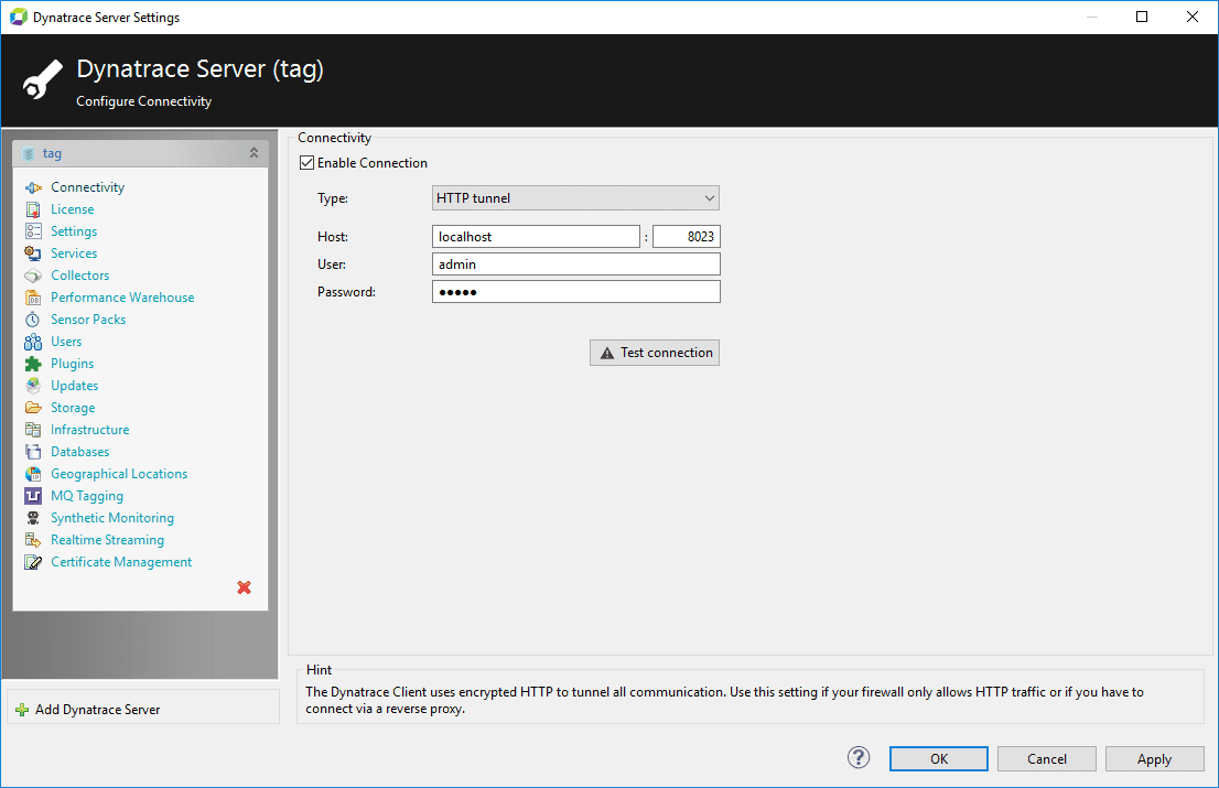 Connectivity pane of the server settings dialog box