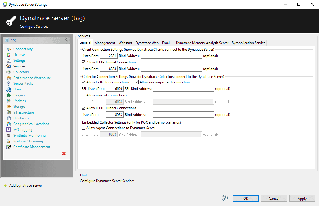Services pane of the server settings dialog box