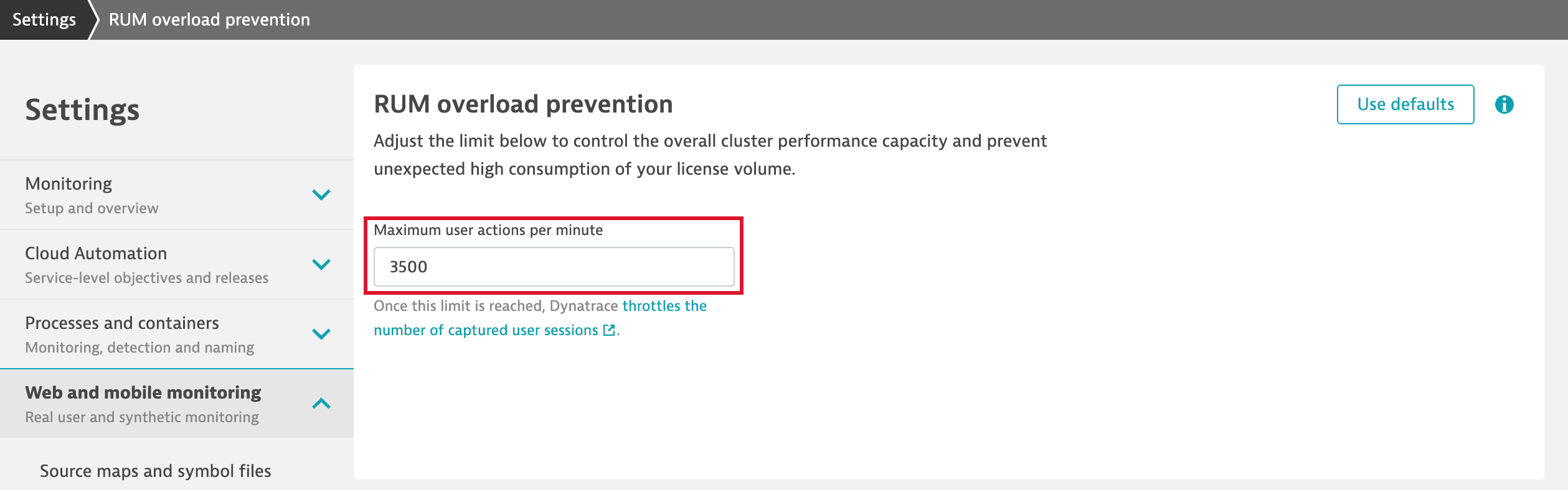 Adjusting the max user actions per minute limit for Dynatrace SaaS