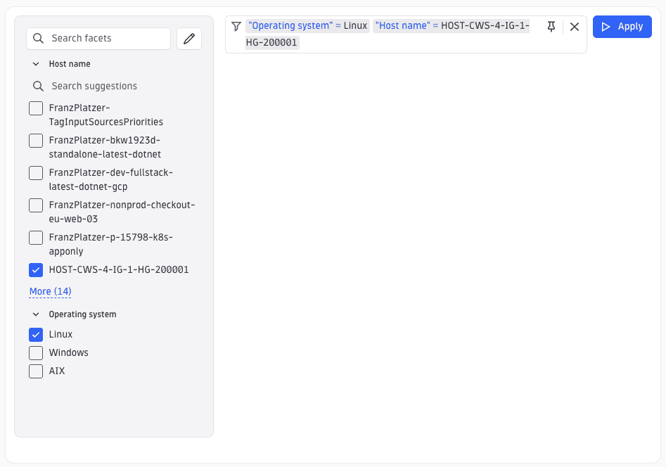 Inventory Explorer filtering configuration with name and OS type filters applied