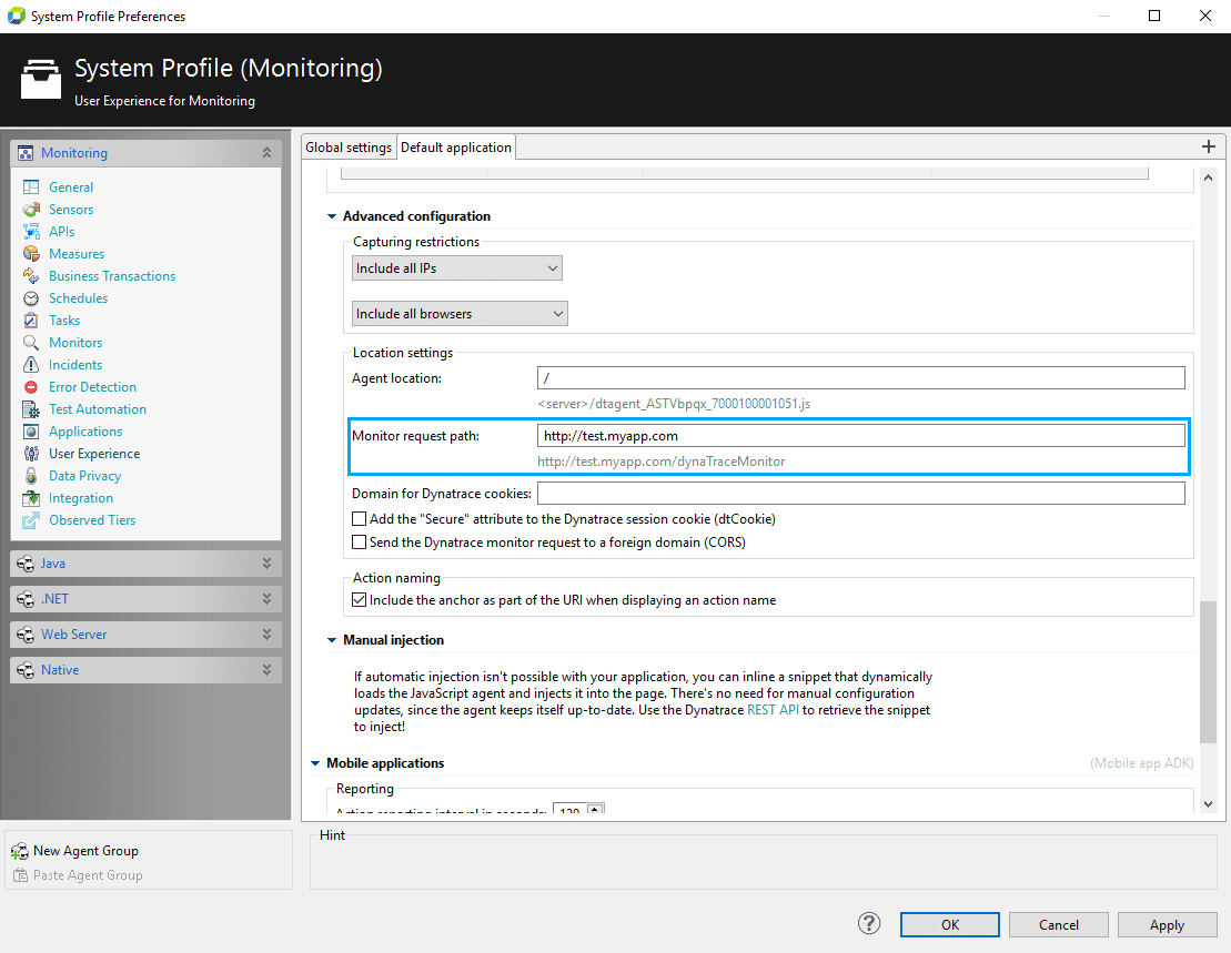 Monitor Request Path (must include protocol; see resulting path below the entry field)