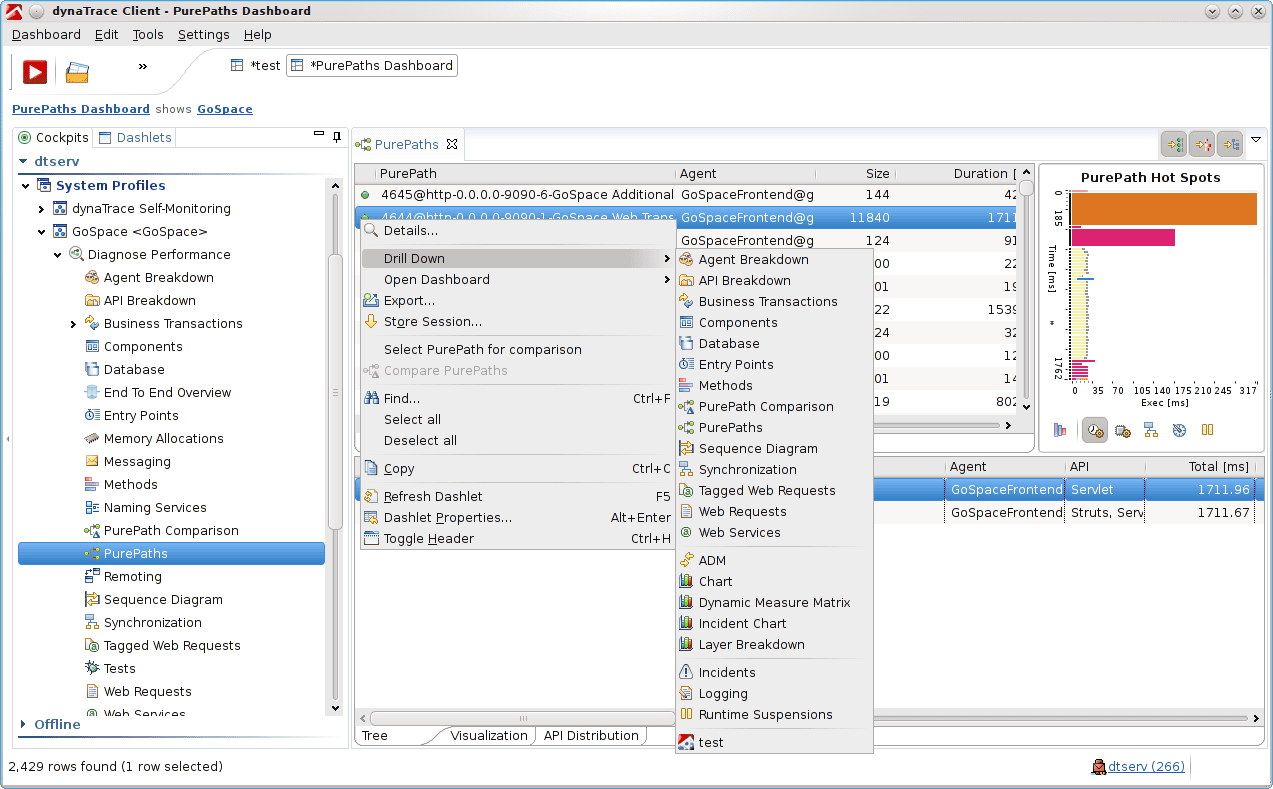 Drill down from a PurePath to the open test dashboard that contains your VM charts.
